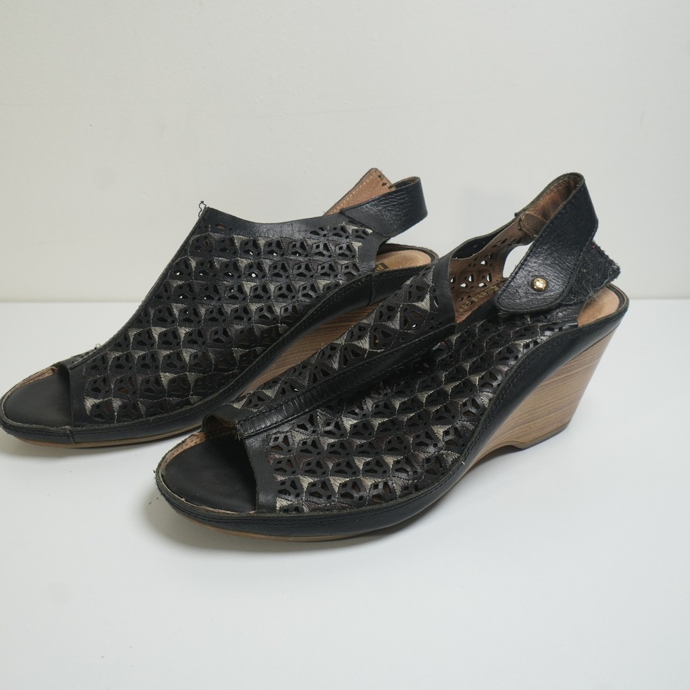 Pikolinos Wedge Sandals Women 39 Black Laser Cut Leather Peep Toe Slingback Boho